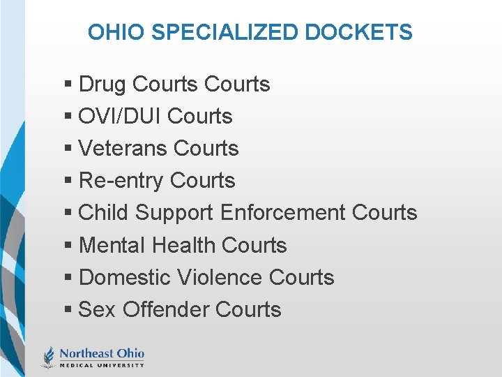 OHIO SPECIALIZED DOCKETS § Drug Courts § OVI/DUI Courts § Veterans Courts § Re-entry