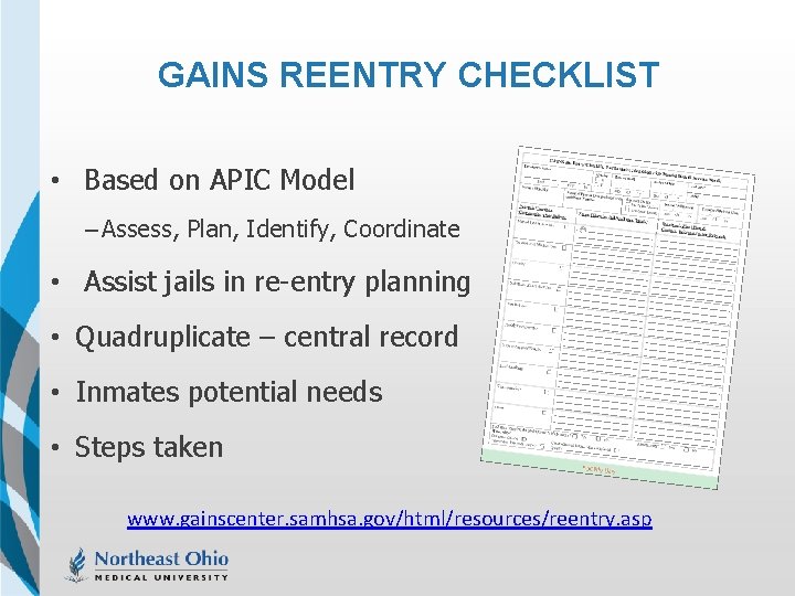 GAINS REENTRY CHECKLIST • Based on APIC Model – Assess, Plan, Identify, Coordinate •