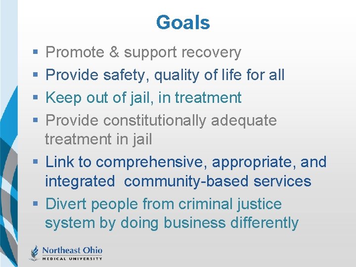 Goals § § Promote & support recovery Provide safety, quality of life for all