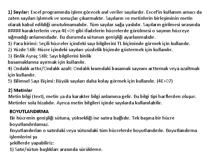 1) Sayılar: Excel programında işlem görecek asıl veriler sayılardır. Excel’in kullanım amacı da zaten