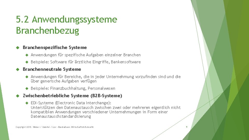 5. 2 Anwendungssysteme Branchenbezug Branchenspezifische Systeme Anwendungen für spezifische Aufgaben einzelner Branchen Beispiele: Software