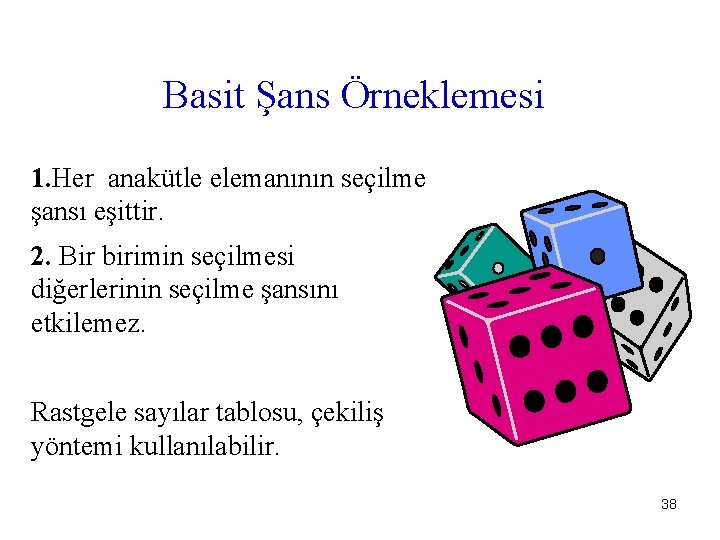 Basit Şans Örneklemesi 1. Her anakütle elemanının seçilme şansı eşittir. 2. Bir birimin seçilmesi