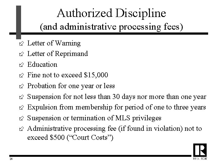 Authorized Discipline (and administrative processing fees) ÷ ÷ ÷ ÷ ÷ 14 Letter of