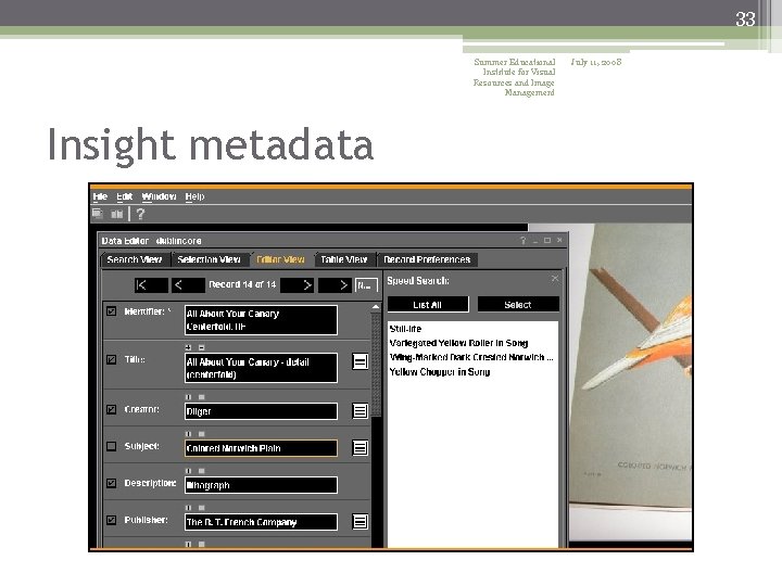 33 Summer Educational Institute for Visual Resources and Image Management Insight metadata July 11,