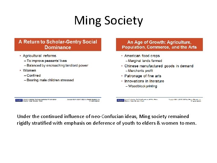 Ming Society Under the continued influence of neo-Confucian ideas, Ming society remained rigidly stratified