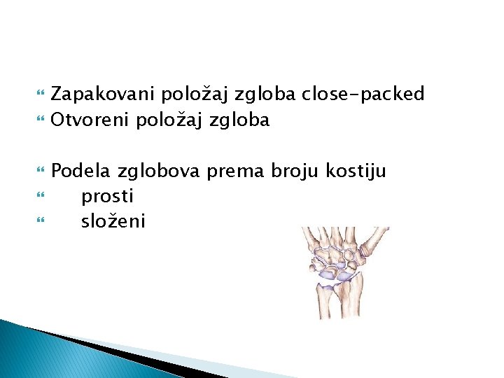  Zapakovani položaj zgloba close-packed Otvoreni položaj zgloba Podela zglobova prema broju kostiju prosti