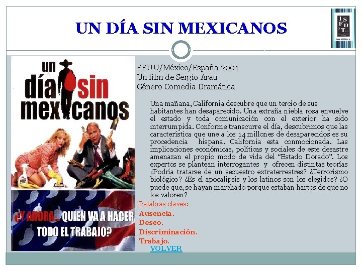 UN DÍA SIN MEXICANOS EEUU/México/España 2001 Un film de Sergio Arau Género Comedia Dramática