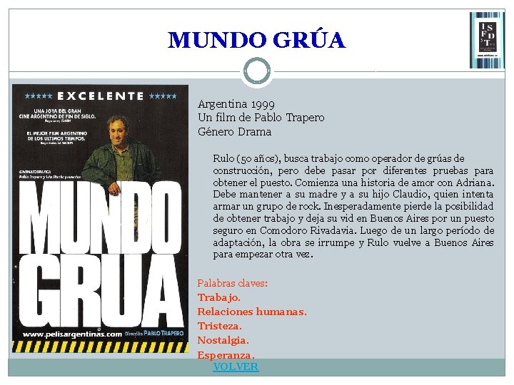 MUNDO GRÚA Argentina 1999 Un film de Pablo Trapero Género Drama Rulo (50 años),