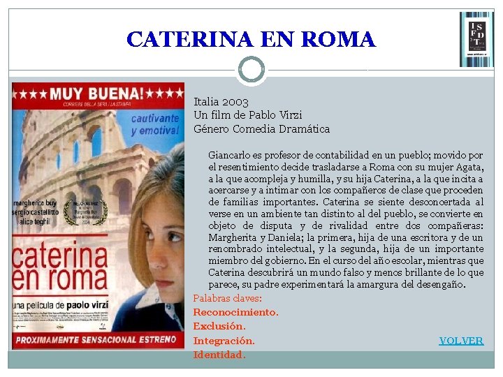 CATERINA EN ROMA Italia 2003 Un film de Pablo Virzi Género Comedia Dramática Giancarlo