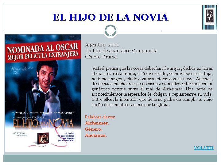 EL HIJO DE LA NOVIA Argentina 2001 Un film de Juan José Campanella Género