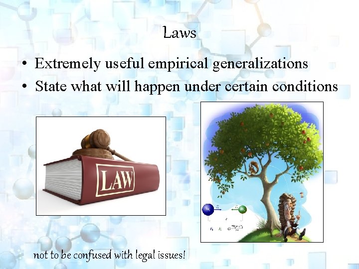 Laws • Extremely useful empirical generalizations • State what will happen under certain conditions