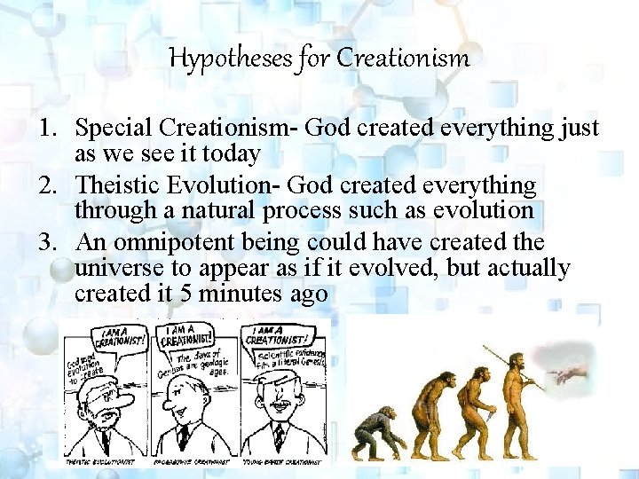 Hypotheses for Creationism 1. Special Creationism- God created everything just as we see it