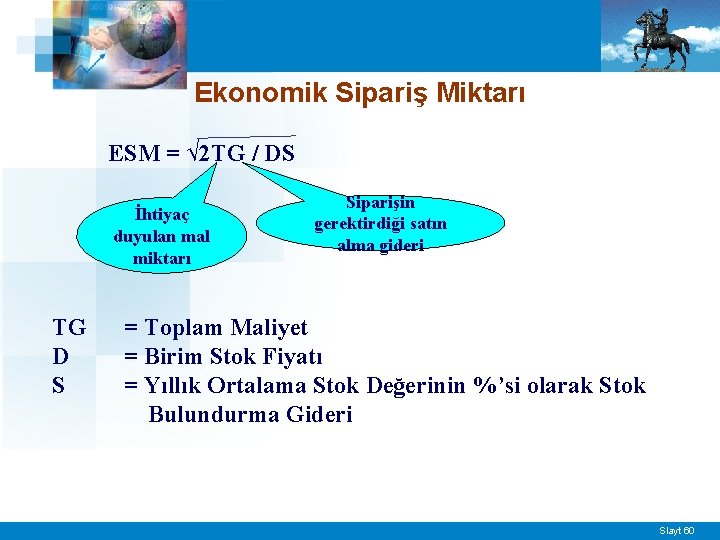 Ekonomik Sipariş Miktarı ESM = √ 2 TG / DS İhtiyaç duyulan mal miktarı