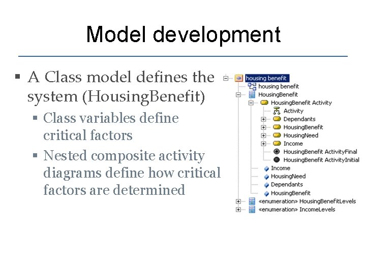 Model development § A Class model defines the system (Housing. Benefit) § Class variables