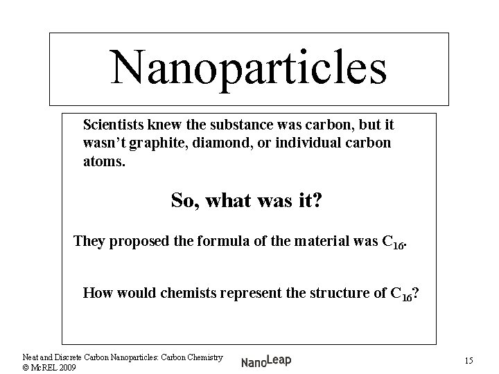 Nanoparticles Scientists knew the substance was carbon, but it wasn’t graphite, diamond, or individual