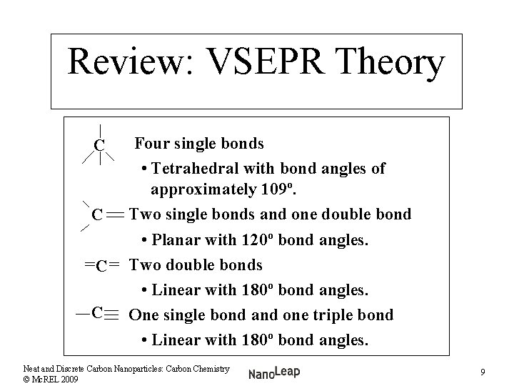 Review: VSEPR Theory Four single bonds • Tetrahedral with bond angles of approximately 109º.