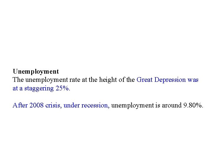 Unemployment The unemployment rate at the height of the Great Depression was at a