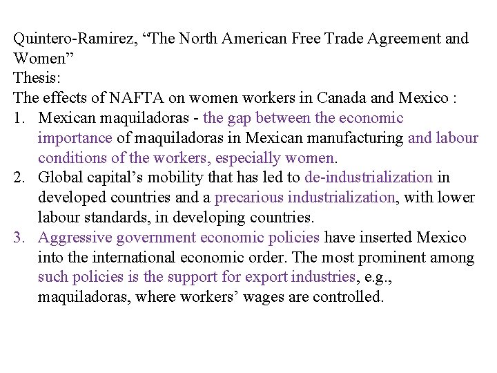 Quintero-Ramirez, “The North American Free Trade Agreement and Women” Thesis: The effects of NAFTA