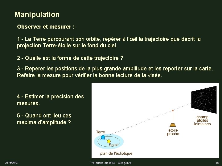 Manipulation Observer et mesurer : 1 - La Terre parcourant son orbite, repérer à