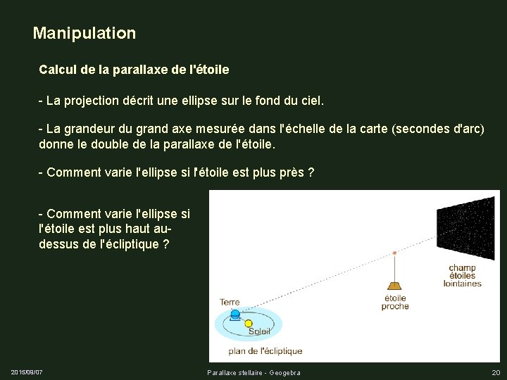 Manipulation Calcul de la parallaxe de l'étoile - La projection décrit une ellipse sur