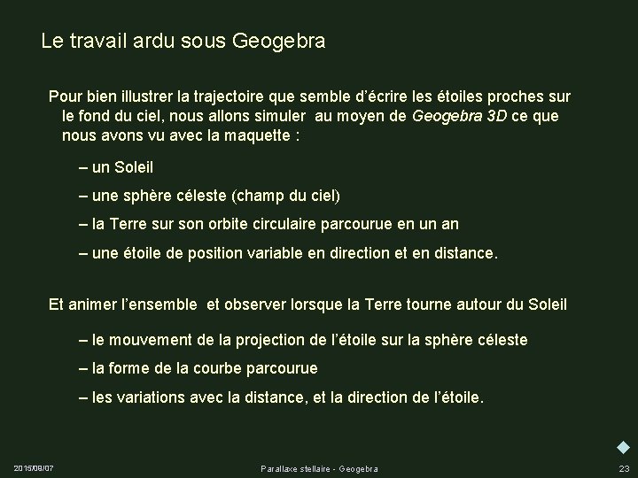 Le travail ardu sous Geogebra Pour bien illustrer la trajectoire que semble d’écrire les