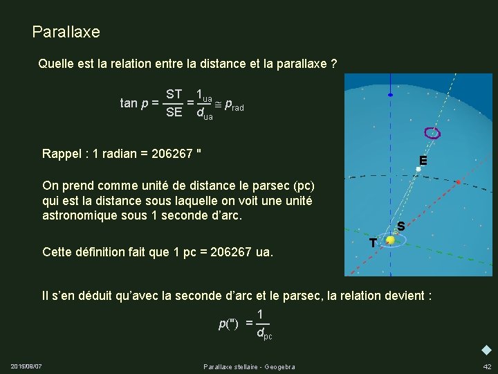 Parallaxe Quelle est la relation entre la distance et la parallaxe ? ST 1
