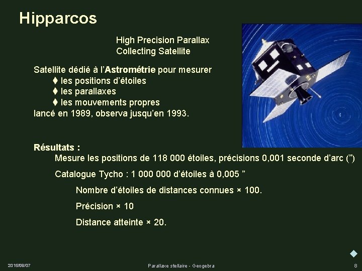 Hipparcos High Precision Parallax Collecting Satellite dédié à l’Astrométrie pour mesurer les positions d’étoiles