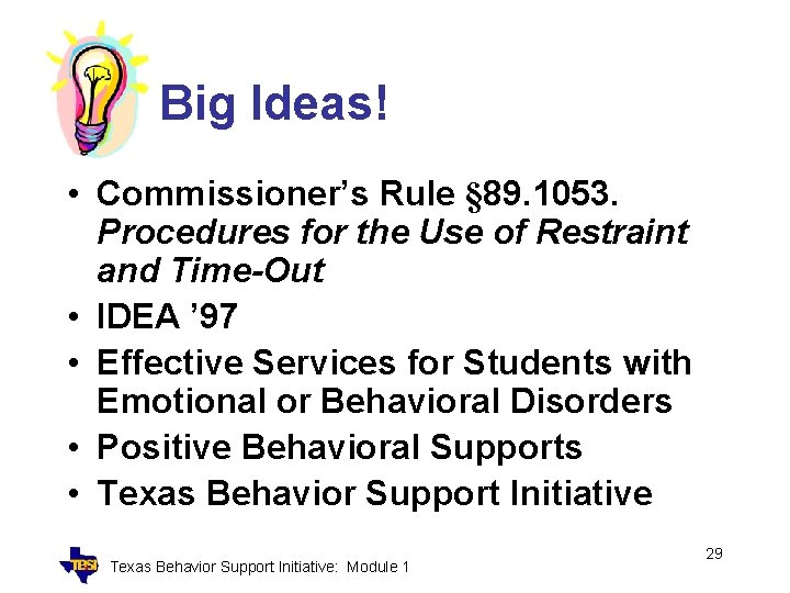 Big Ideas! • Commissioner’s Rule § 89. 1053. Procedures for the Use of Restraint