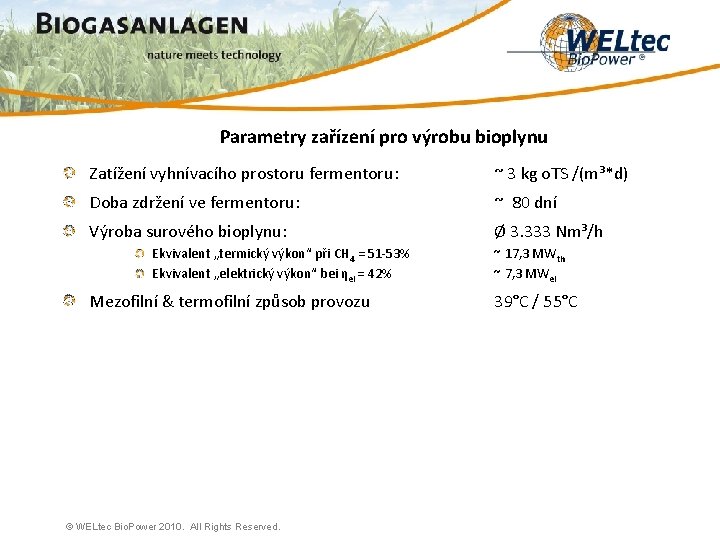 Parametry zařízení pro výrobu bioplynu Zatížení vyhnívacího prostoru fermentoru: ~ 3 kg o. TS