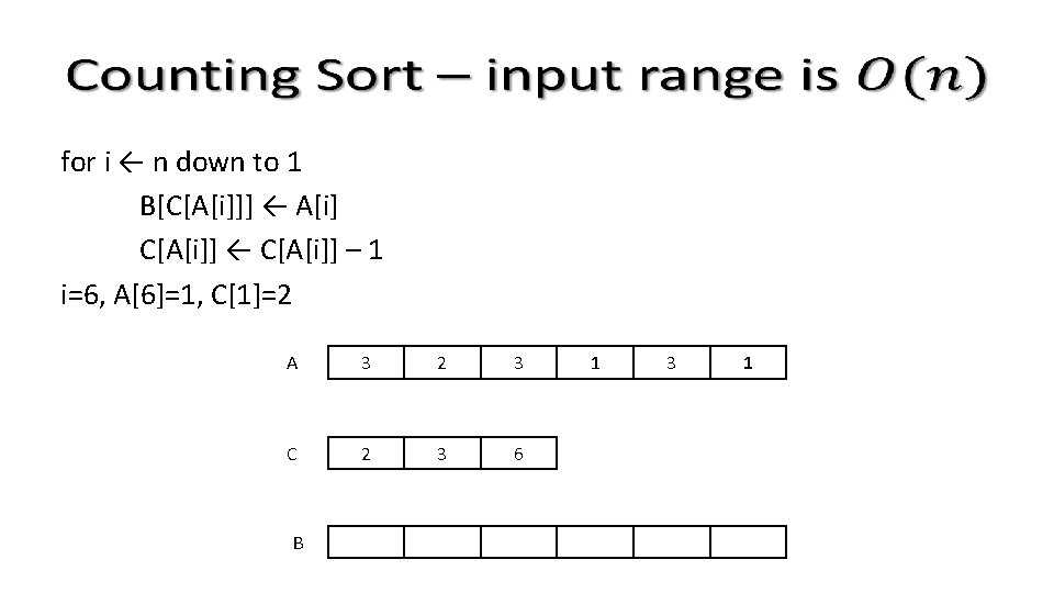  for i ← n down to 1 B[C[A[i]]] ← A[i] C[A[i]] ← C[A[i]]