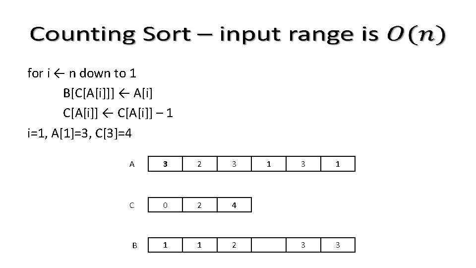  for i ← n down to 1 B[C[A[i]]] ← A[i] C[A[i]] ← C[A[i]]