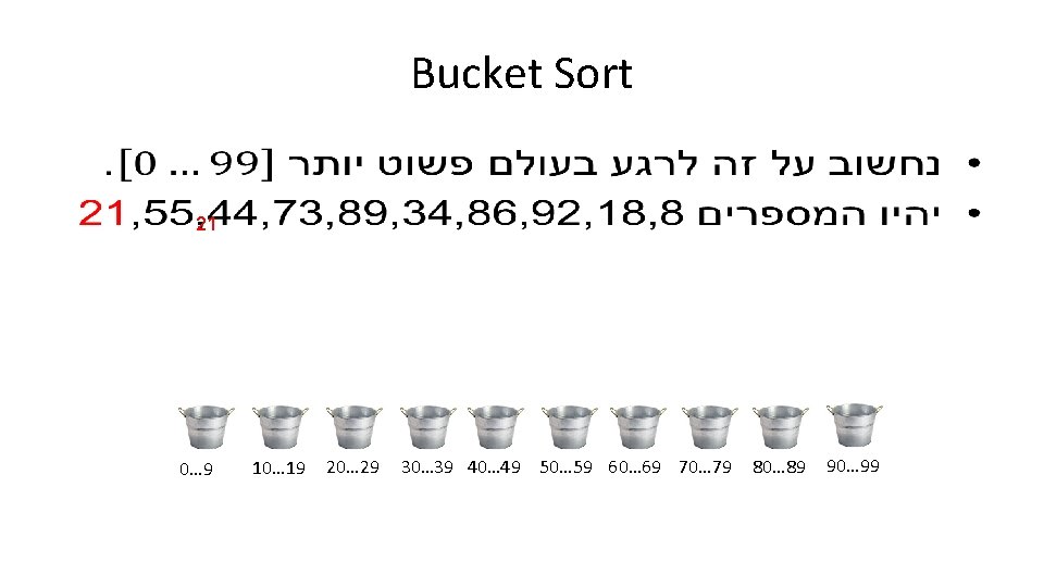 Bucket Sort • 21 0… 9 10… 19 20… 29 30… 39 40… 49