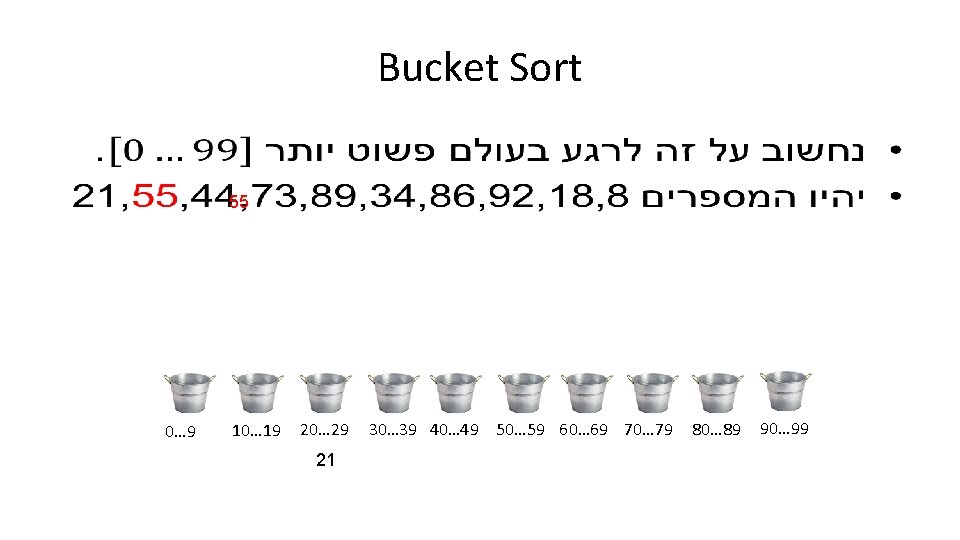 Bucket Sort • 55 0… 9 10… 19 20… 29 21 30… 39 40…