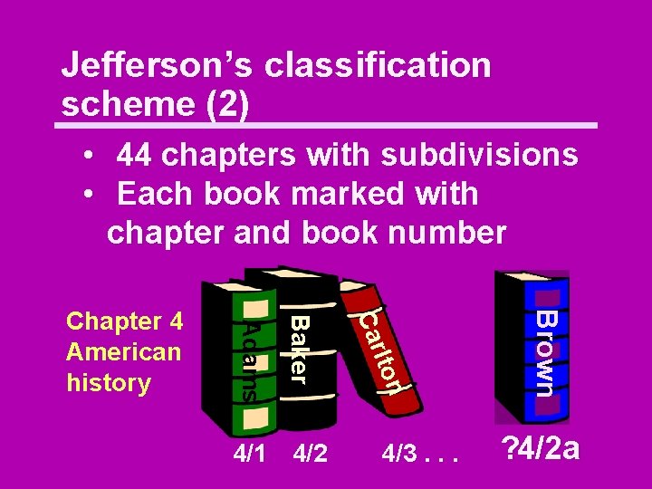 Jefferson’s classification scheme (2) • 44 chapters with subdivisions • Each book marked with