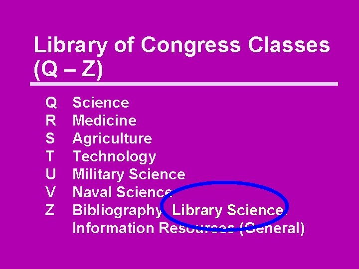 Library of Congress Classes (Q – Z) Q R S T U V Z