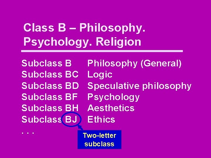 Class B – Philosophy. Psychology. Religion Subclass BC Subclass BD Subclass BF Subclass BH