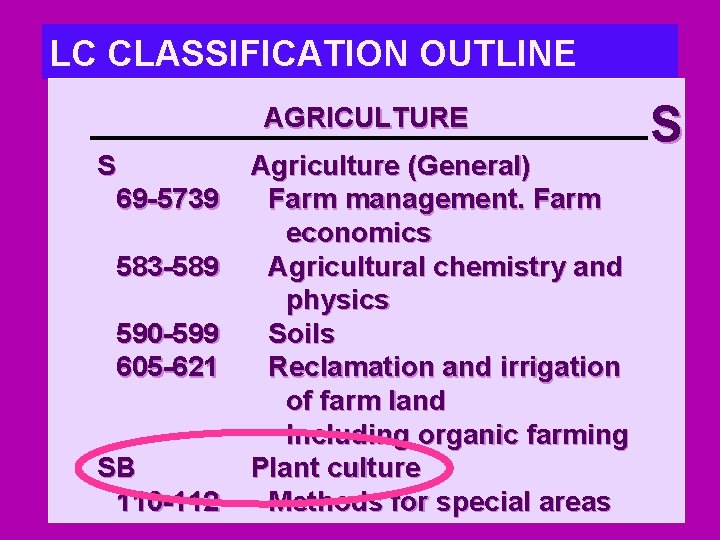 LC CLASSIFICATION OUTLINE AGRICULTURE S 69 -5739 583 -589 590 -599 605 -621 SB