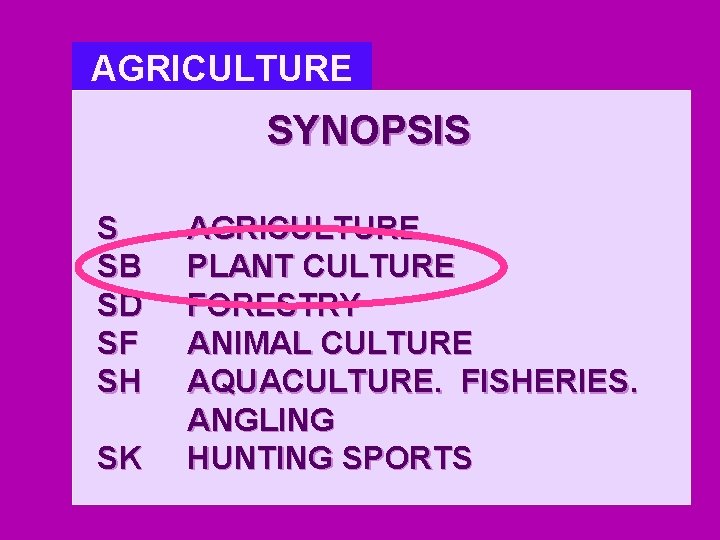 AGRICULTURE SYNOPSIS S SB SD SF SH SK AGRICULTURE PLANT CULTURE FORESTRY ANIMAL CULTURE