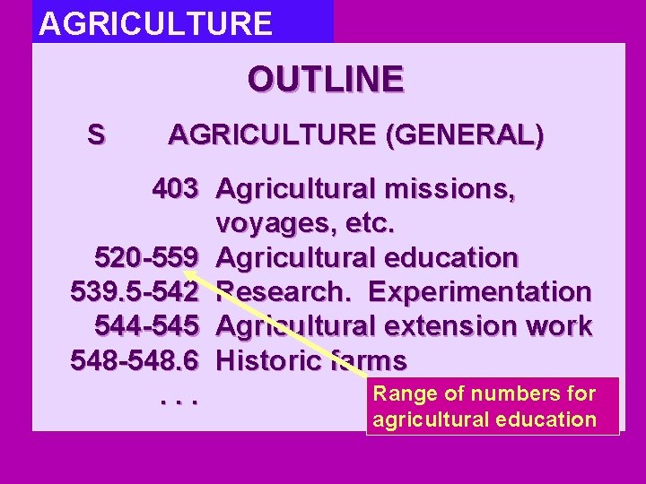 AGRICULTURE OUTLINE S AGRICULTURE (GENERAL) 403 Agricultural missions, voyages, etc. 520 -559 Agricultural education