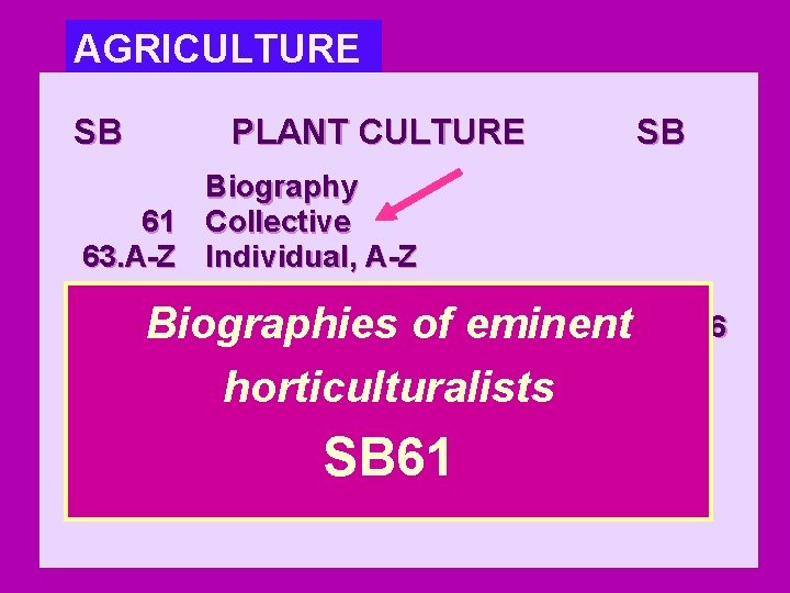 AGRICULTURE SB PLANT CULTURE SB Biography 61 Collective 63. A-Z Individual, A-Z e. g.