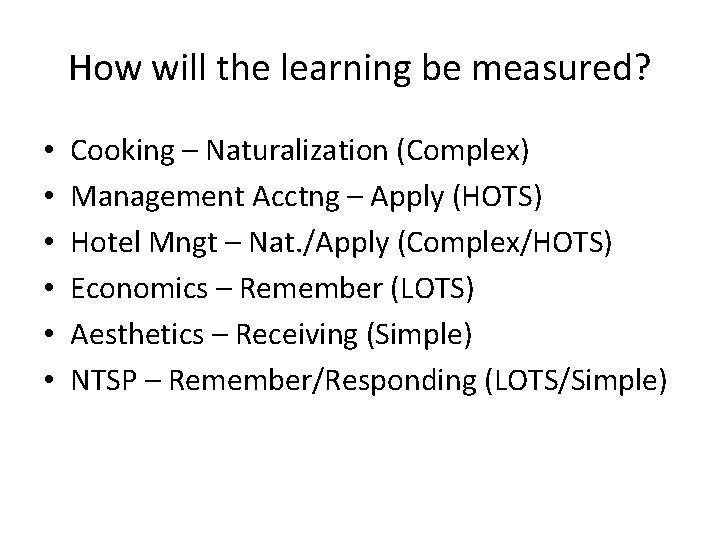 How will the learning be measured? • • • Cooking – Naturalization (Complex) Management