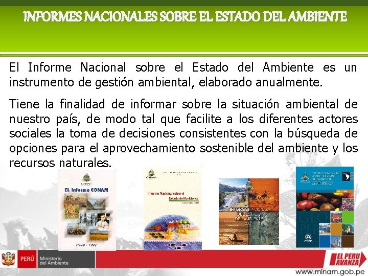 INFORMES NACIONALES SOBRE EL ESTADO DEL AMBIENTE El Informe Nacional sobre el Estado del