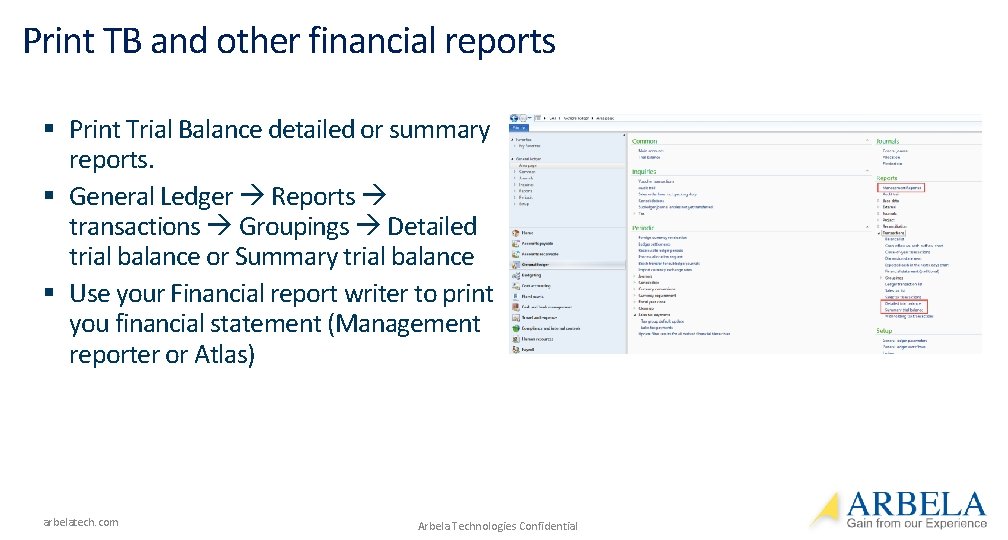 Print TB and other financial reports § Print Trial Balance detailed or summary reports.