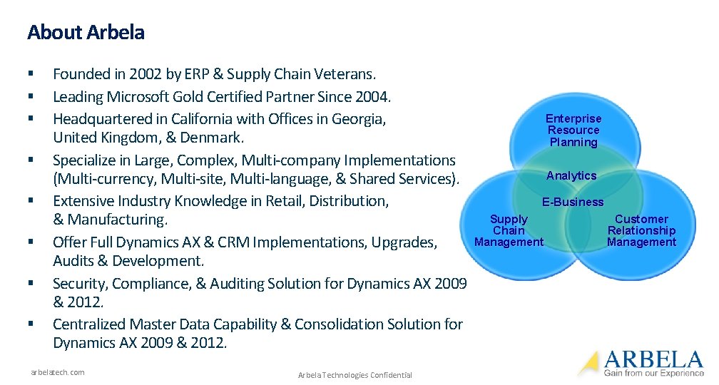 About Arbela § § § § Founded in 2002 by ERP & Supply Chain