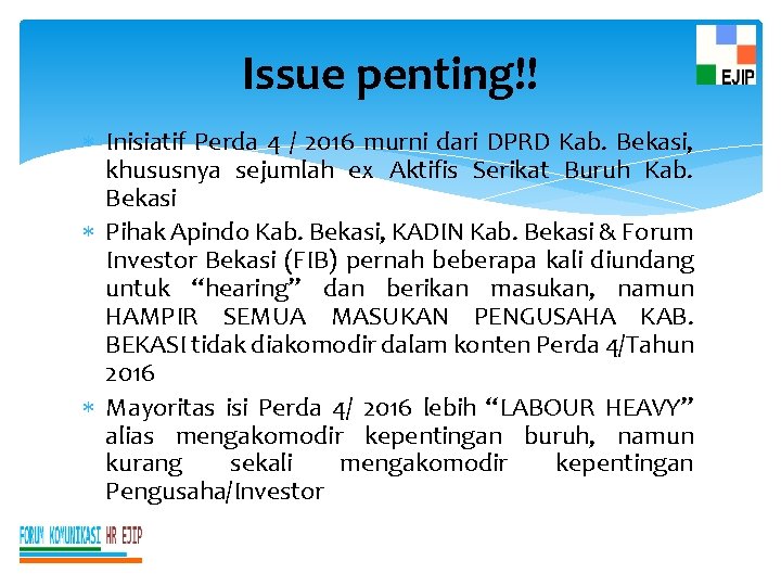 Issue penting!! Inisiatif Perda 4 / 2016 murni dari DPRD Kab. Bekasi, khususnya sejumlah