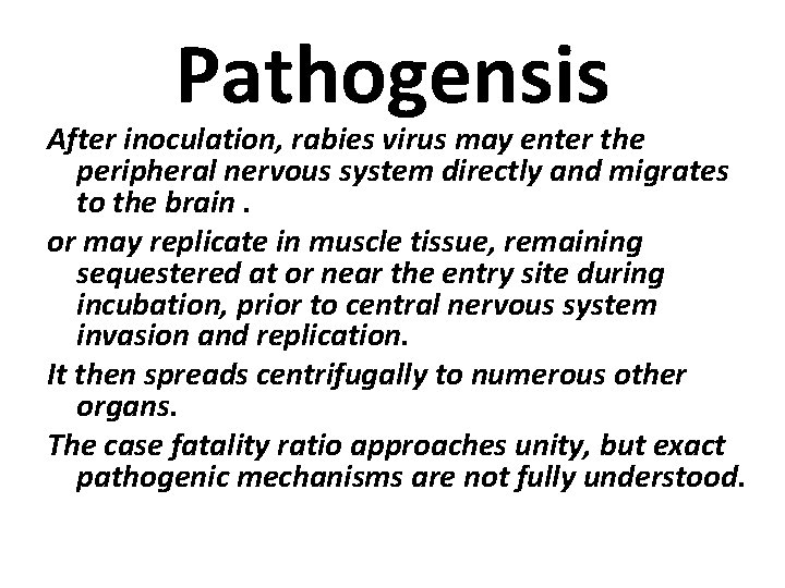 Pathogensis After inoculation, rabies virus may enter the peripheral nervous system directly and migrates