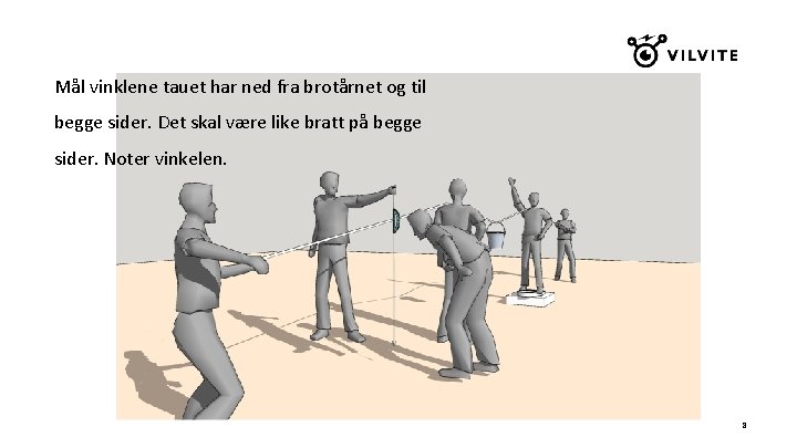 Mål vinklene tauet har ned fra brotårnet og til begge sider. Det skal være