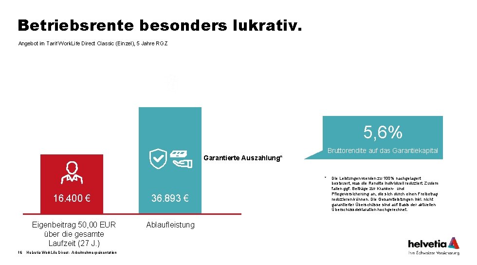 Betriebsrente besonders lukrativ. Angebot im Tarif Work. Life Direct Classic (Einzel), 5 Jahre RGZ
