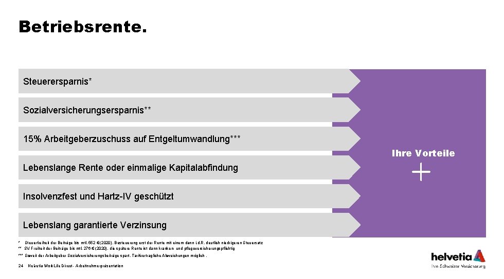 Betriebsrente. Steuerersparnis* Sozialversicherungsersparnis** 15% Arbeitgeberzuschuss auf Entgeltumwandlung*** Ihre Vorteile Lebenslange Rente oder einmalige Kapitalabfindung