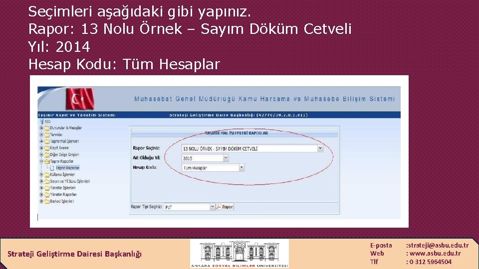 Seçimleri aşağıdaki gibi yapınız. Rapor: 13 Nolu Örnek – Sayım Döküm Cetveli Yıl: 2014